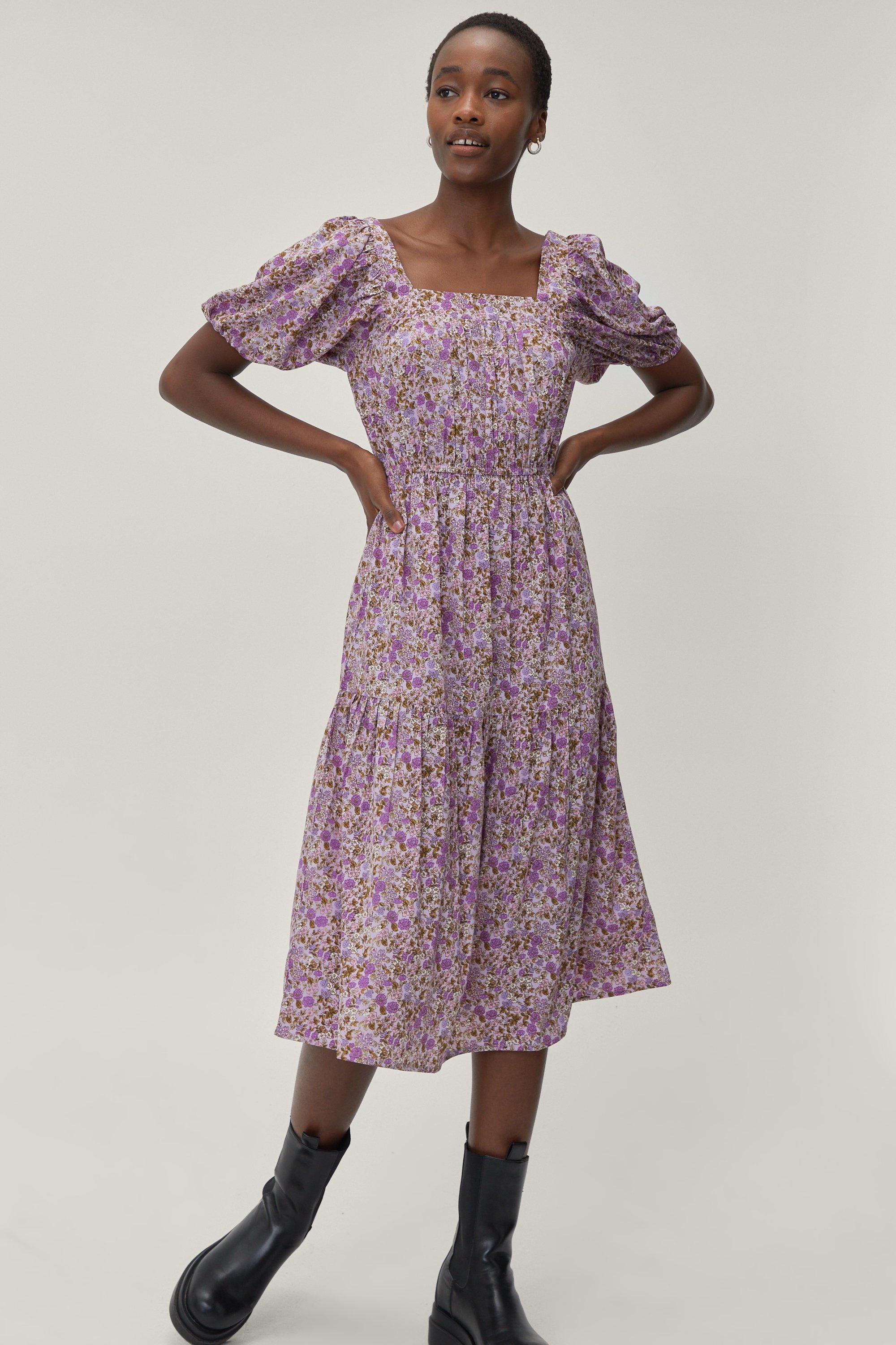 Floral Print Square Neck Tiered Smock ...